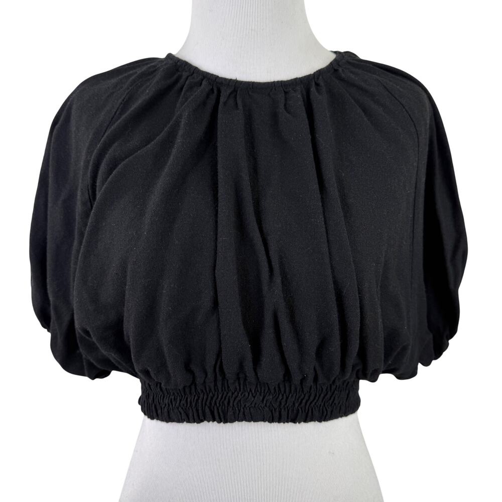 Farm Rio Women's Black Crop Top Puff Sleeve Smocked Neckline Top Size P / XS
